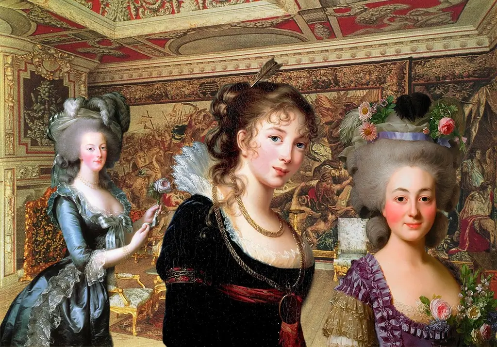Flera modestilar illustrerar bloggen om stilfest i Bridgerton. I bakgrunden Drabantsalen i Skokloster slott.