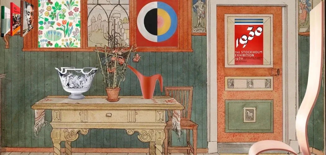Kreativt collage med Lilla Hyttnäs som bakgrund. Med glasskål, tapet av Josef Frank, affisch från Stockholmsutställningen 1930, vattenkanna från Ikea och stolen lilla h.