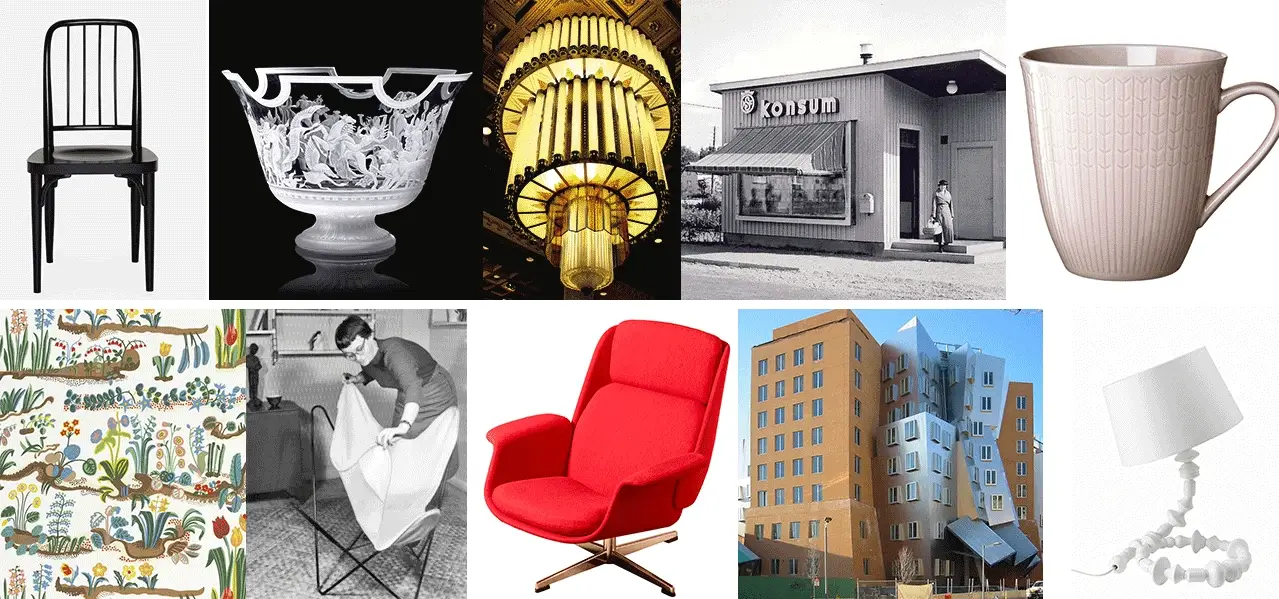 Stol, glasskål, lampa, konsumbyggnad, mugg, tapet, fladdermusfåtölj, tåtölj och byggnad som illustrerar 1900-talets stilar och design.