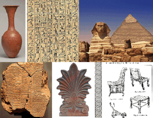 Föremål, kilskrift och hieroglyfer från antikens Mesopotamien och Egypten.